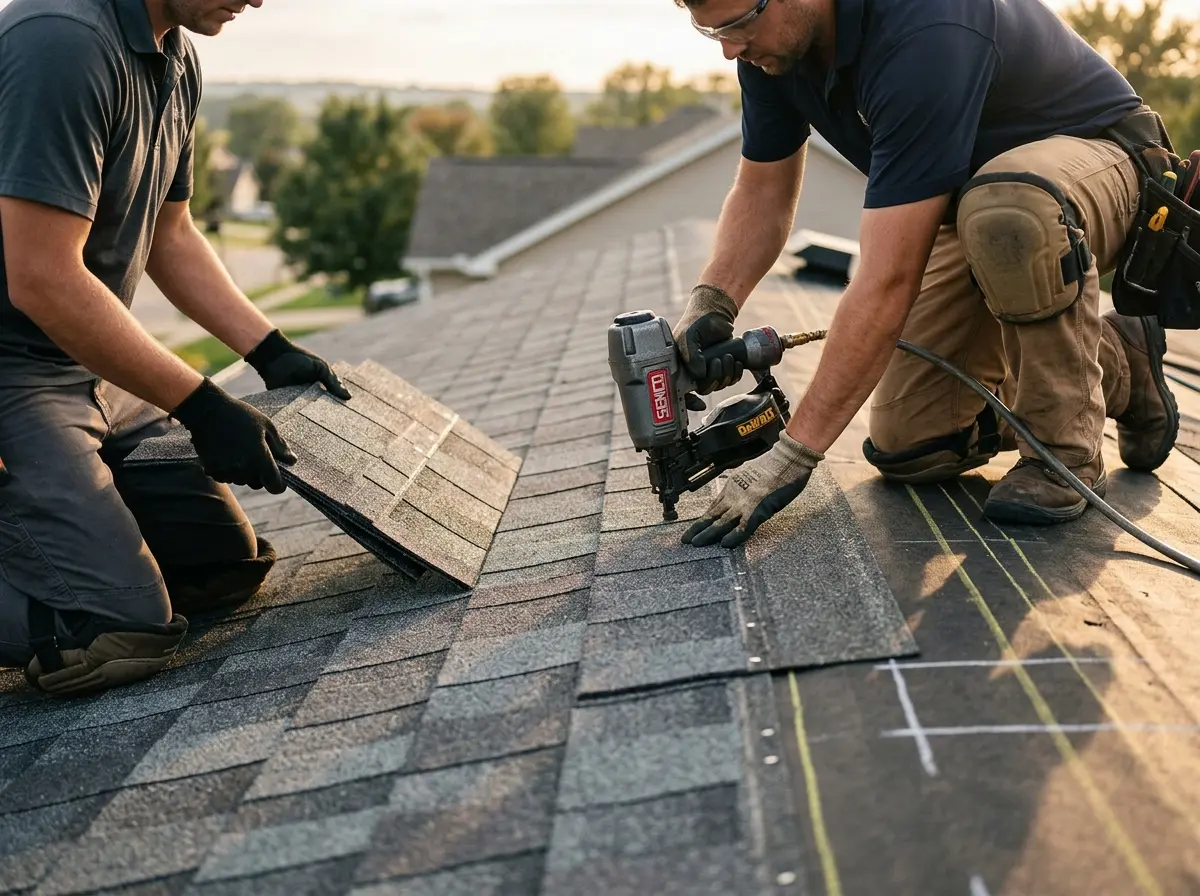 Professional roofer working on a residential roof in Belpre